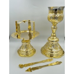 Chalice Set, Cup, Spear, Spoon, Disk Gold and Silver Plated carved