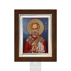 Silver Icon, Agritelis Sacred Artifacts, ieraskevi.com, Saint Nicholas with a Ship Blue Background 26,5 x 21,5 cm