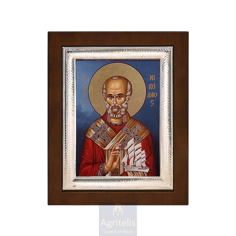 Silver Icon, Agritelis Sacred Artifacts, ieraskevi.com, Saint Nicholas with a Ship Blue Background 26,5 x 21,5 cm