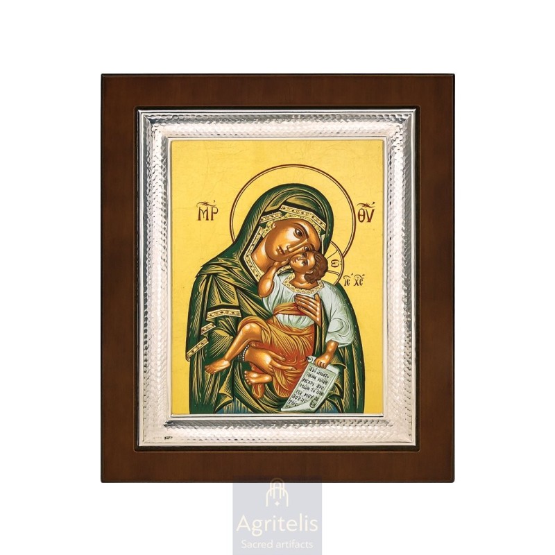 Silver Icon, Agritelis Sacred Artifacts, ieraskevi.com, Panagia Glykophilousa (Sweet-kissing) Green Dress 26,5 x 21,5 cm