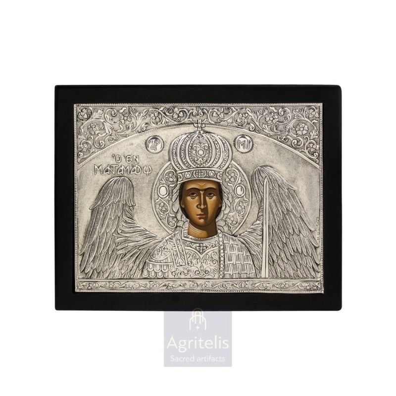 Silver Icon, Agritelis Sacred Artifacts, ieraskevi.com, ARCHANGEL MICHAEL MANTAMADOS BLACK WOOD 27 x 23 cm