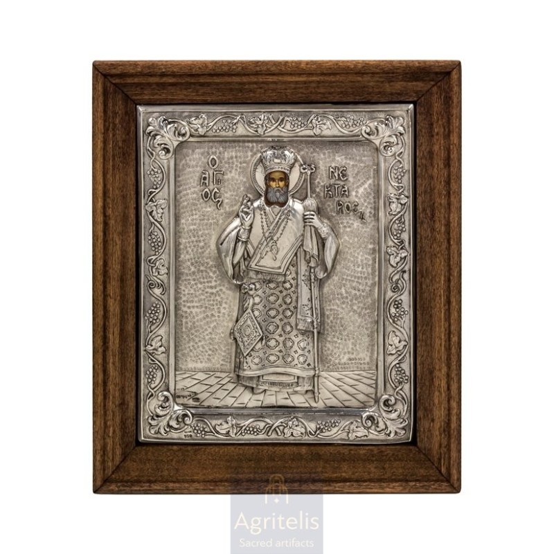 Silver Icon, Agritelis Sacred Artifacts, ieraskevi.com, SAINT NECTARIOS 26.5 x 22.5 cm