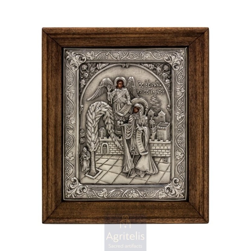 Silver Icon, Agritelis Sacred Artifacts, ieraskevi.com, SAINT IRENE THE CHRYSOVALANTOU 26.5 x 22.5 cm