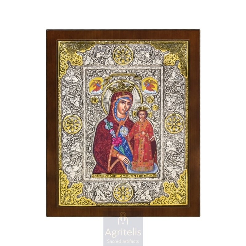 Silver Icon, Agritelis Sacred Artifacts, ieraskevi.com, PANAGIA RHODA THE AMARANTH 31 x 25 cm