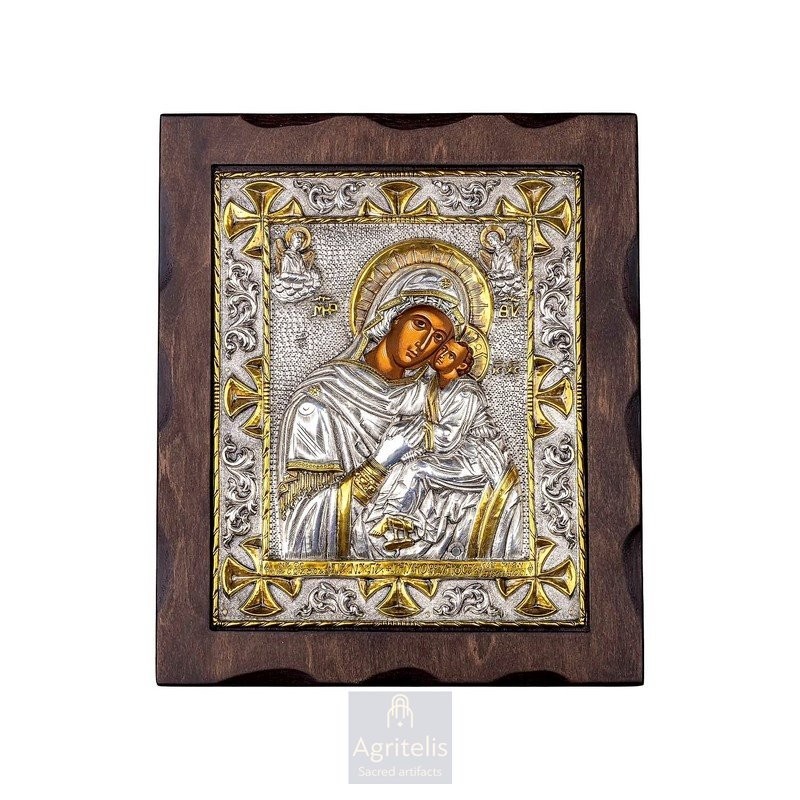 Silver Icon, Agritelis Sacred Artifacts, ieraskevi.com, Virgin Mary Glykofilousa of Patmos 29.5 x 24.5 cm