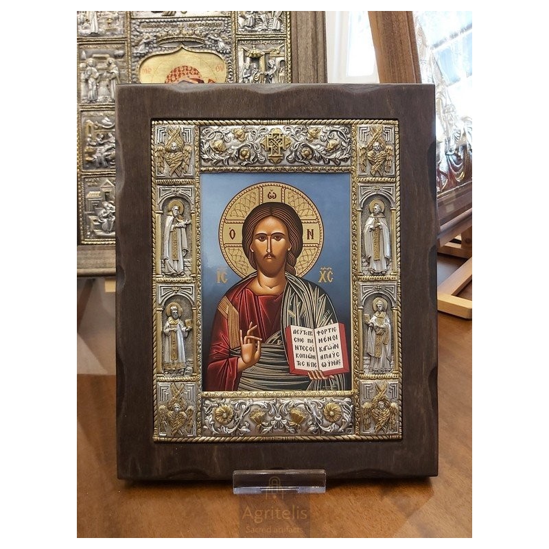 Silver Icon, Agritelis Sacred Artifacts, ieraskevi.com, Christ Blue Background Dimension 34 x 28 cm