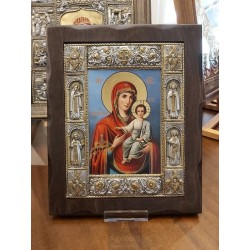 Silver Icon, Agritelis Sacred Artifacts, ieraskevi.com, Panagia Odigitria Blue Background Dimension 34 x 28 cm