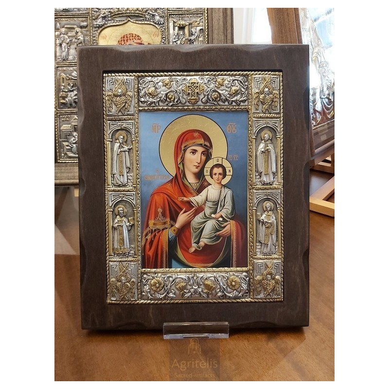 Silver Icon, Agritelis Sacred Artifacts, ieraskevi.com, Panagia Odigitria Blue Background Dimension 34 x 28 cm