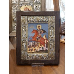 Silver Icon, Agritelis Sacred Artifacts, ieraskevi.com, Saint Dimitrios Blue Background Dimension 34 x 28 cm