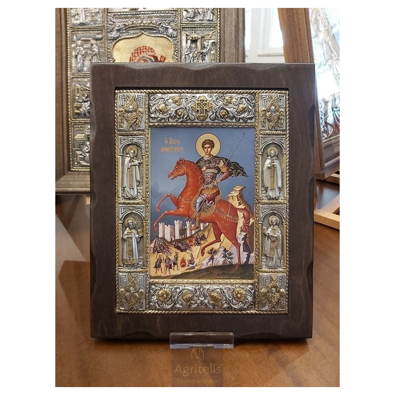 Silver Icon, Agritelis Sacred Artifacts, ieraskevi.com, Saint Dimitrios Blue Background Dimension 34 x 28 cm