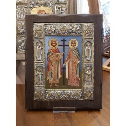 Silver Icon, Agritelis Sacred Artifacts, ieraskevi.com, Saints Konstantinos and Eleni Blue Background Dimension 34 x 28 cm