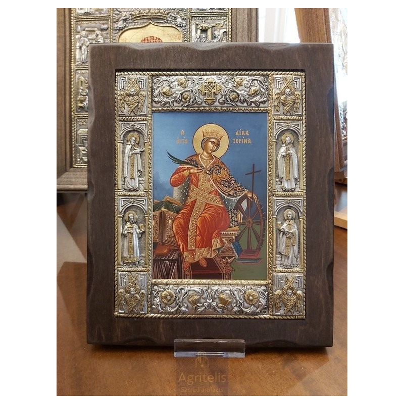 Silver Icon, Agritelis Sacred Artifacts, ieraskevi.com, Saint Catherine Blue Background Dimension 34 x 28 cm