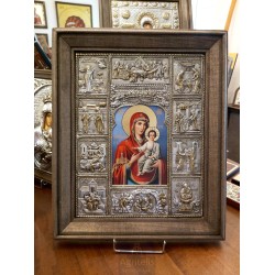 Silver Icon, Agritelis Sacred Artifacts, ieraskevi.com, The Life of Panagia Odigitria Blue Background 48 x 40 cm